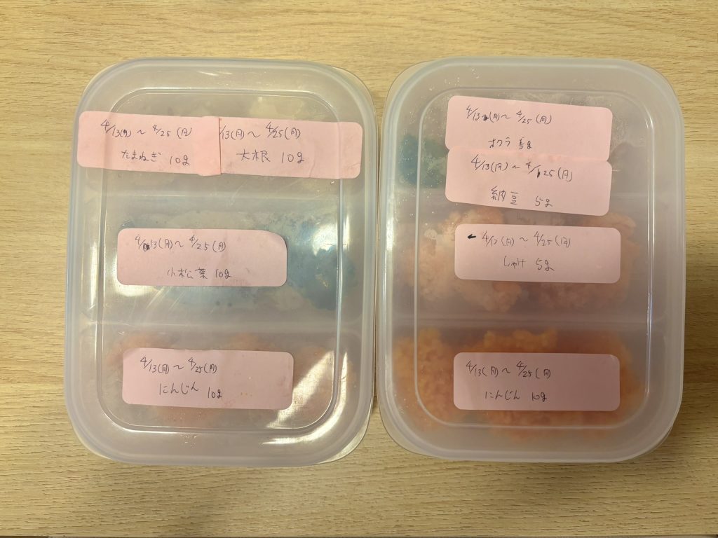 セリアのタッパーに冷凍の離乳食が入ってて付箋でメモしている