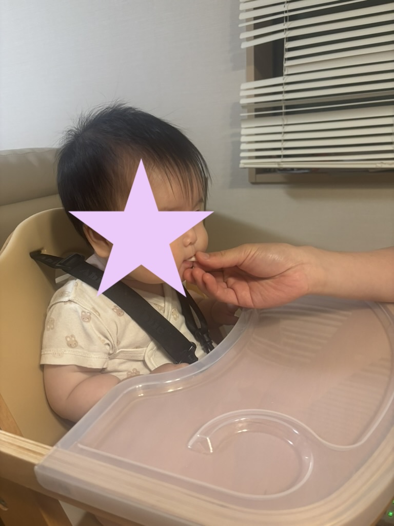 0歳児が小魚せんべいを食べている様子